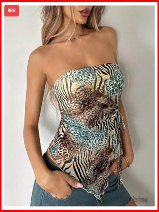 Cheetah Print Tube Top Strapless Bandeau Crop Top Mesh Sheer Rave Clubwear - Picture 5 of 6